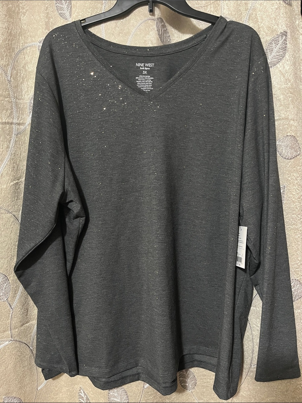Nine West Charcoal Sparkle V-Neck Long Sleeve Top